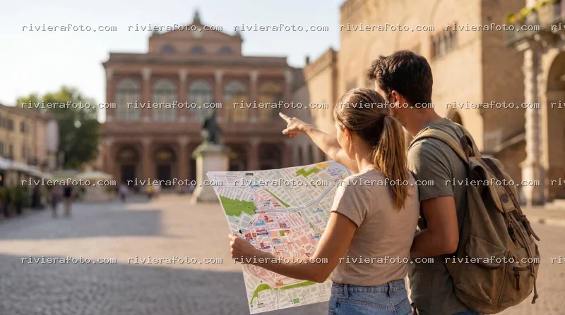 Coppia di turisti esplora Piazza Cavour a Rimini