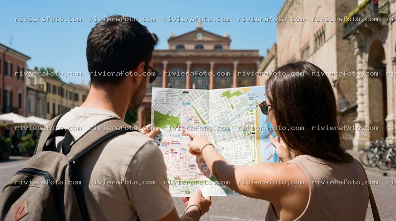 Turisti esplorano il centro storico di Rimini con mappa