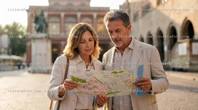 Turisti con mappa in Piazza Cavour, Rimini