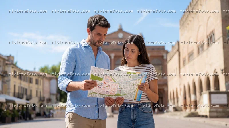 Turisti con mappa nel centro storico di Rimini
