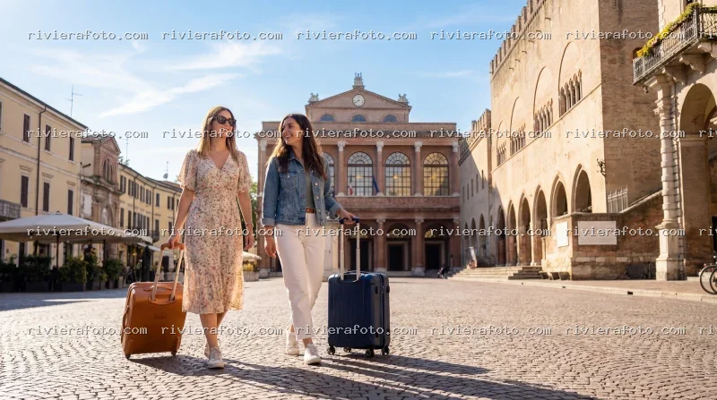 Arrivo di turiste nella storica Piazza Cavour a Rimini