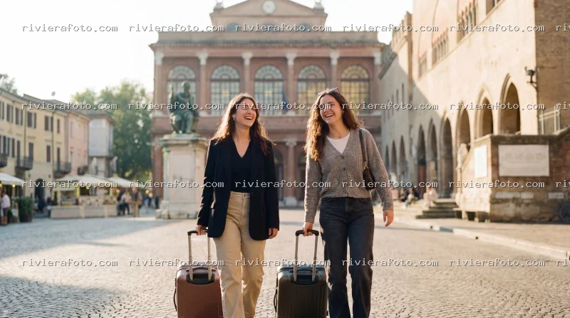 Turiste con bagagli in Piazza Cavour, Rimini