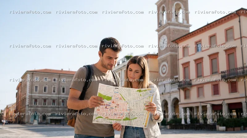 Coppia di turisti con mappa in Piazza Tre Martiri a Rimini