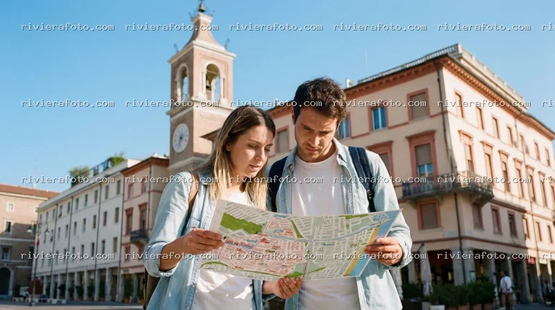 Turisti esplorano il centro storico di una città della Riviera Romagnola