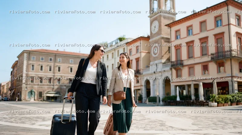 Piazza Tre Martiri a Rimini con viaggiatrici