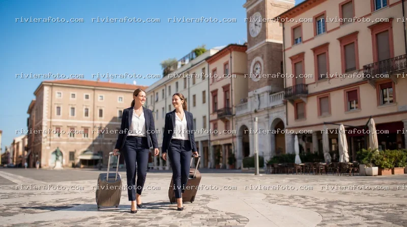 Donne d’affari con valigie in Piazza Tre Martiri, Rimini