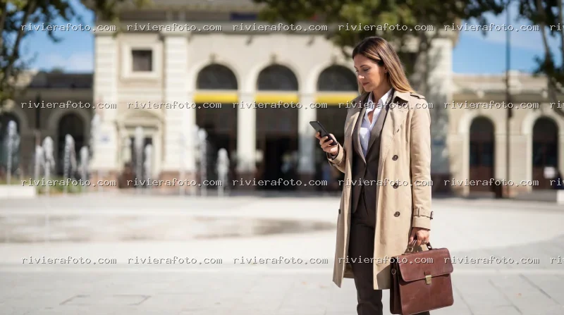 Donna con smartphone davanti alla Stazione di Rimini