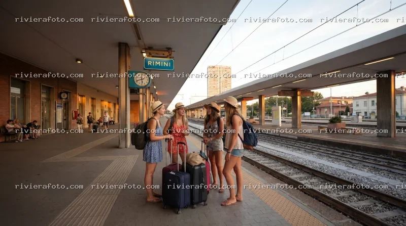 Viaggiatrici alla Stazione di Rimini al tramonto