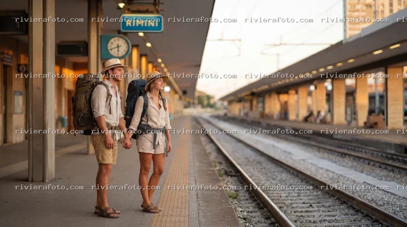 Coppia di viaggiatori alla stazione di Rimini