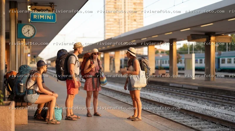 Viaggiatori con zaini alla stazione di Rimini