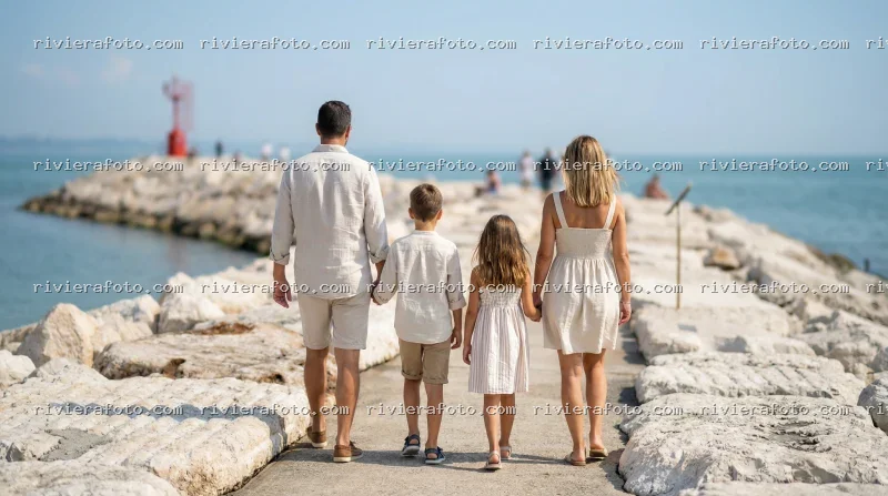 Famiglia in passeggiata sul molo di Rimini, sulla Riviera Romagnola