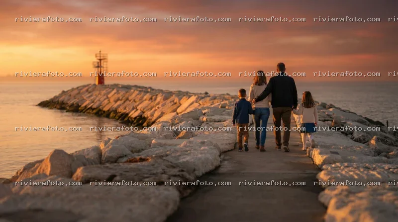 Famiglia sul molo della Riviera Romagnola al tramonto