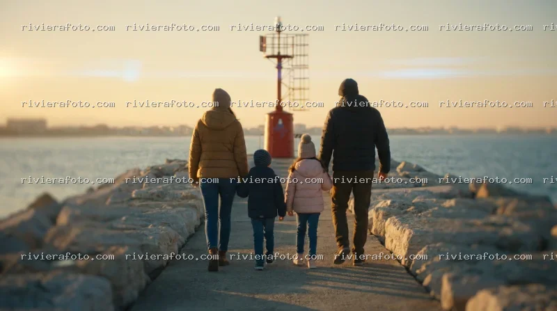 Passeggiata in famiglia sul molo di Rimini sulla Riviera Romagnola al tramonto