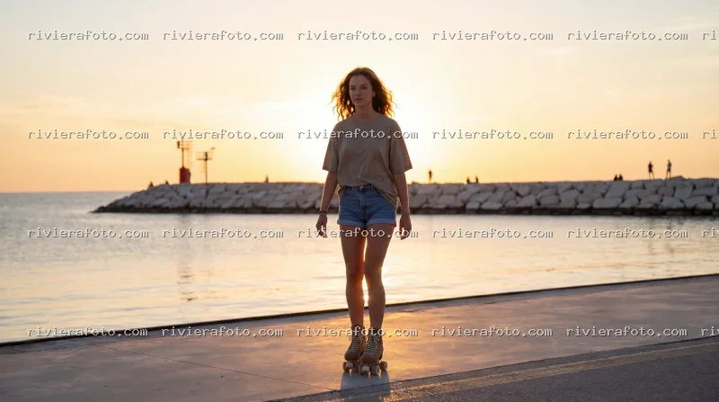 Tramonto a Rimini sulla Riviera Romagnola con pattini a rotelle