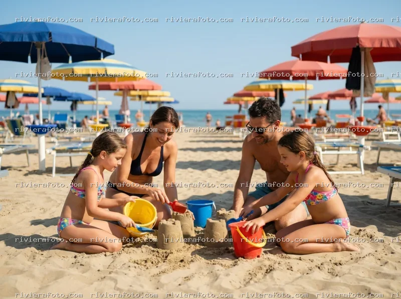 Famiglia in vacanza sulla spiaggia di Rimini, sulla Riviera Romagnola
