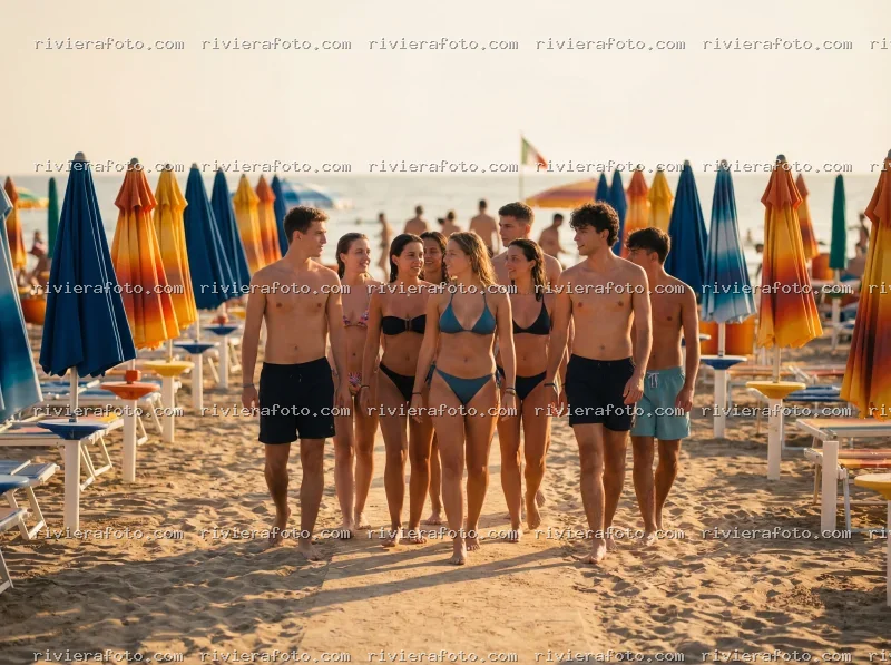 Gruppo di giovani sulla spiaggia di Rimini sulla Riviera Romagnola al tramonto