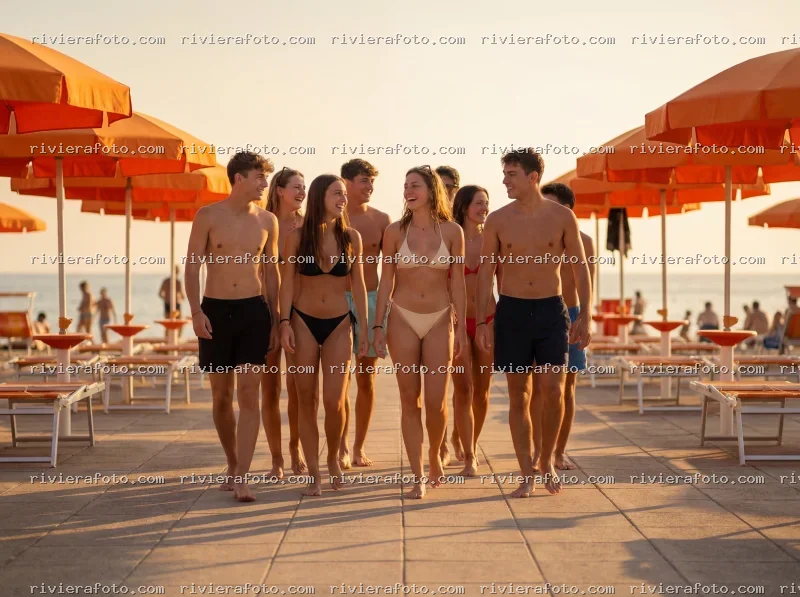Giovani sulla promenade di Rimini nella Riviera Romagnola al tramonto