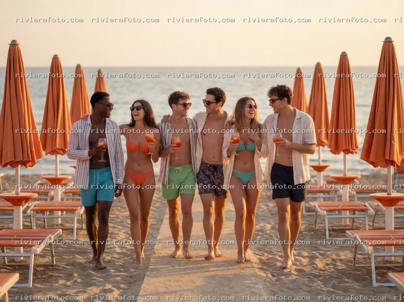 Amici al tramonto sulla spiaggia di Rimini nella Riviera Romagnola