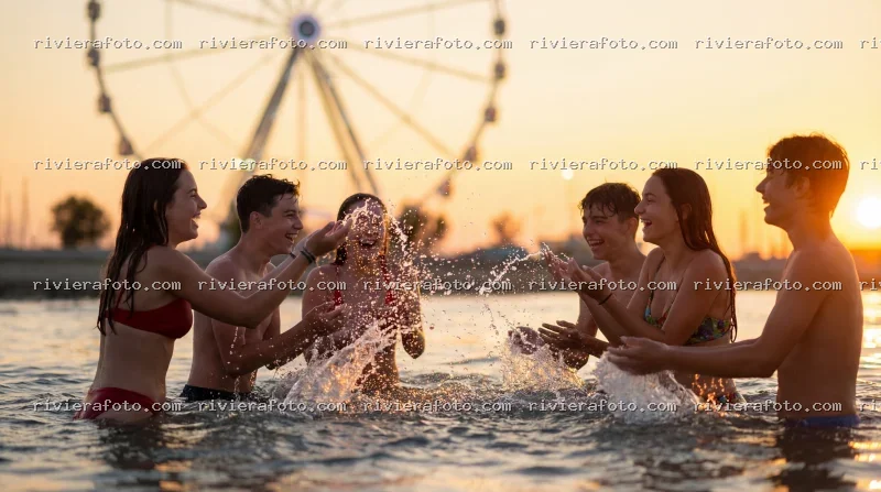 Giovani in festa sulla spiaggia di Rimini al tramonto con la Ruota Panoramica