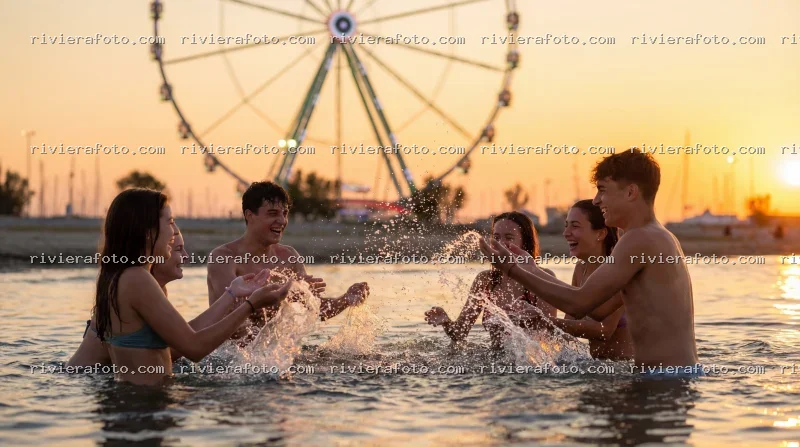 Giovani che giocano in mare al tramonto con ruota panoramica sulla Riviera Romagnola a Rimini