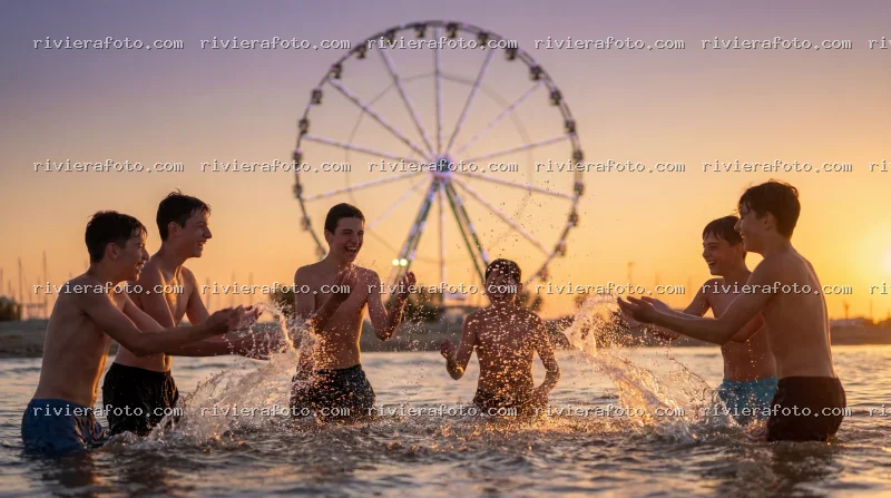 Ragazzi giocano in acqua al tramonto sulla Riviera Romagnola a Rimini