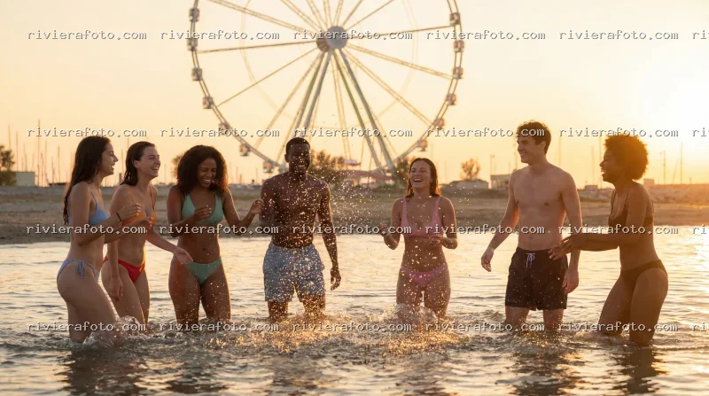 Gruppo di amici sulla spiaggia al tramonto con ruota panoramica a Rimini