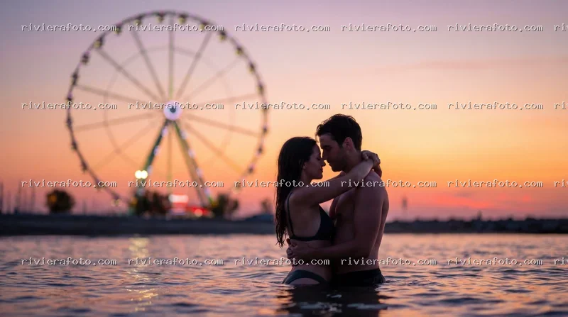 Tramonto romantico con Ruota Panoramica a Rimini sulla Riviera Romagnola