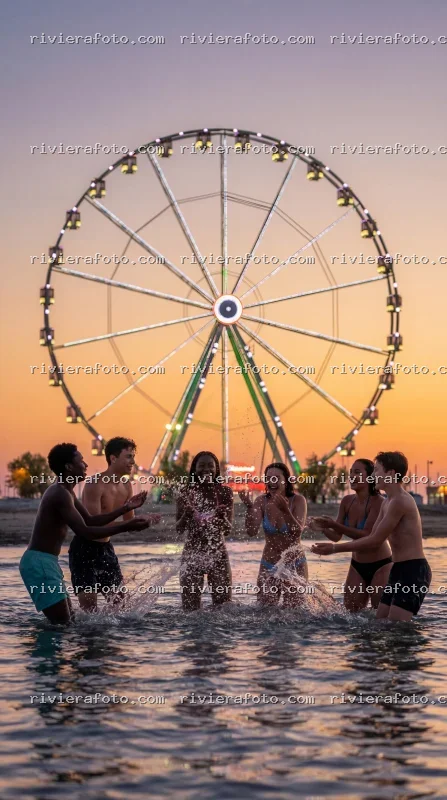 Divertimento al tramonto sulla spiaggia di Rimini con la Ruota Panoramica