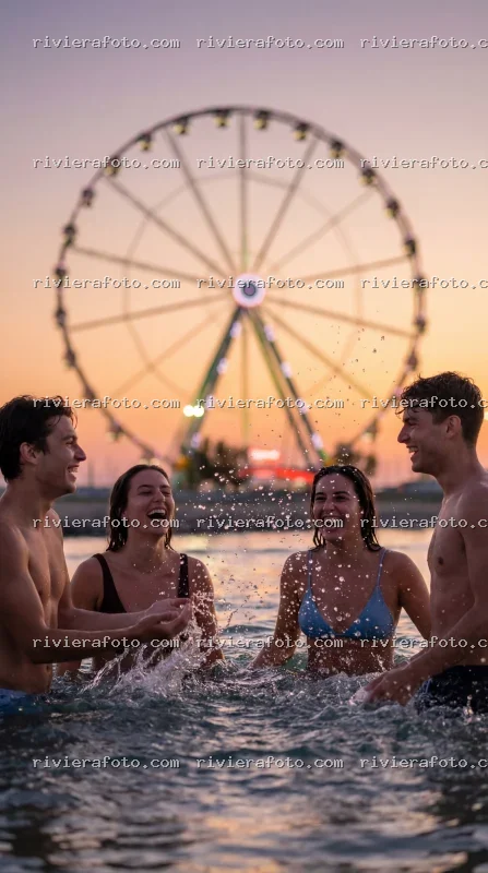Divertimento estivo sulla spiaggia di Rimini al tramonto con Ruota Panoramica