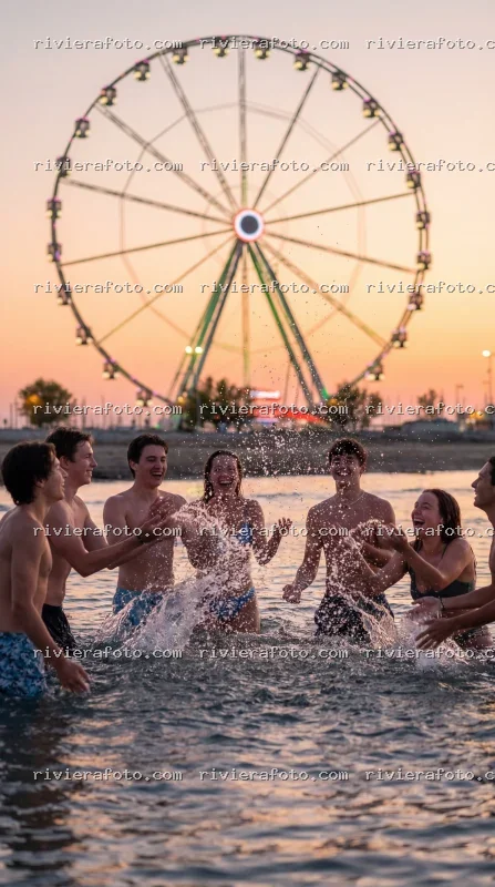 Divertimento estivo al tramonto con ruota panoramica a Rimini sulla Riviera Romagnola