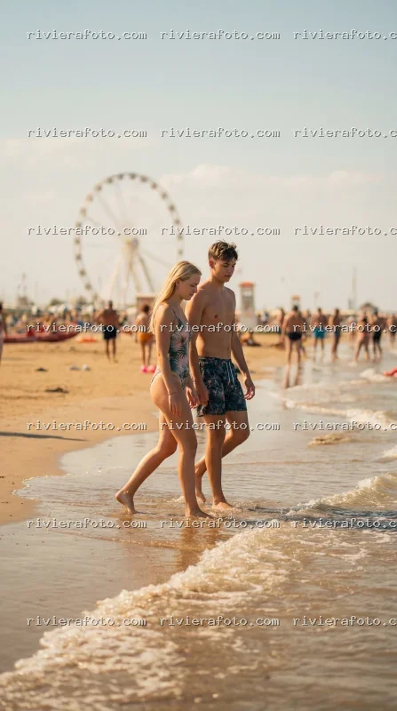 Passeggiata sul bagnasciuga a Rimini con ruota panoramica