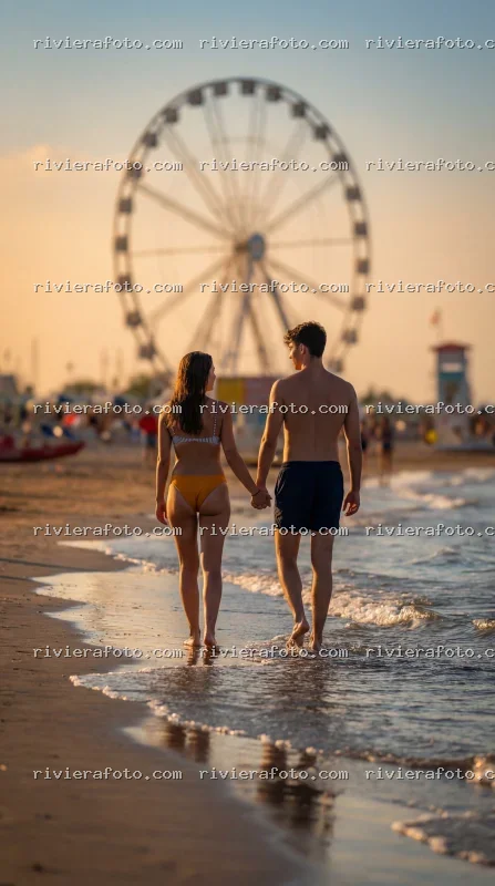 Passeggiata romantica al tramonto sulla spiaggia della Riviera Romagnola