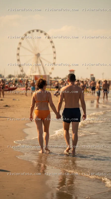 Passeggiata sulla spiaggia di Rimini con vista sulla Ruota Panoramica