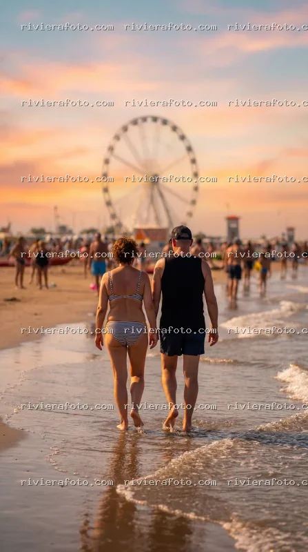 Passeggiata al tramonto sulla spiaggia di Rimini nella Riviera Romagnola con vista sulla Ruota Panoramica