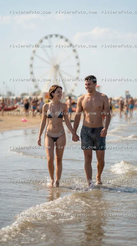 Coppia in spiaggia a Rimini con ruota panoramica