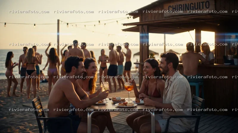 Serata di relax e divertimento in Chiringuito sulla spiaggia romagnola al tramonto