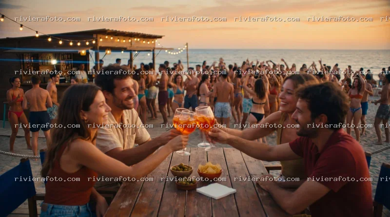 Festa in spiaggia al tramonto sulla Riviera Romagnola