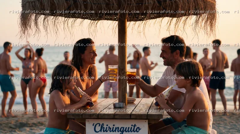 Famiglia e amici al Chiringuito sulla spiaggia al tramonto