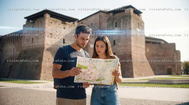 Turisti con mappa davanti al Castel Sismondo di Rimini