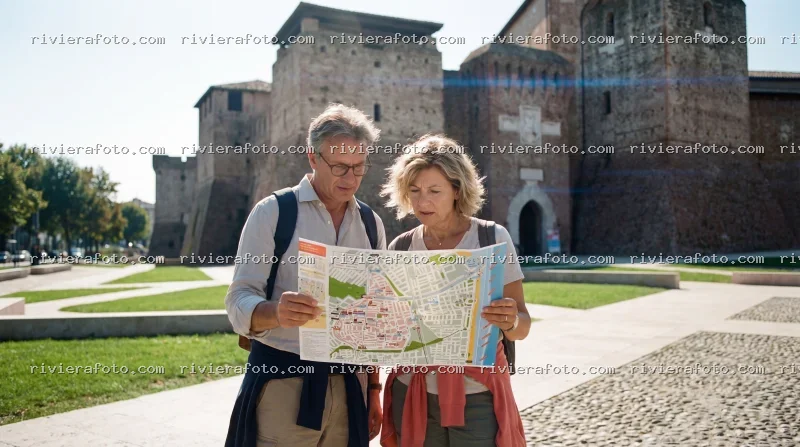 Turisti con mappa davanti al Castel Sismondo di Rimini