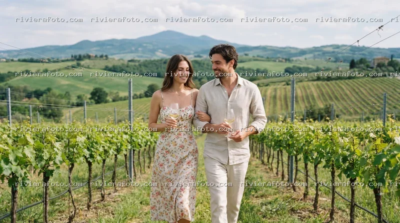 Coppia in vigneto nei pressi di Rimini con calici di vino