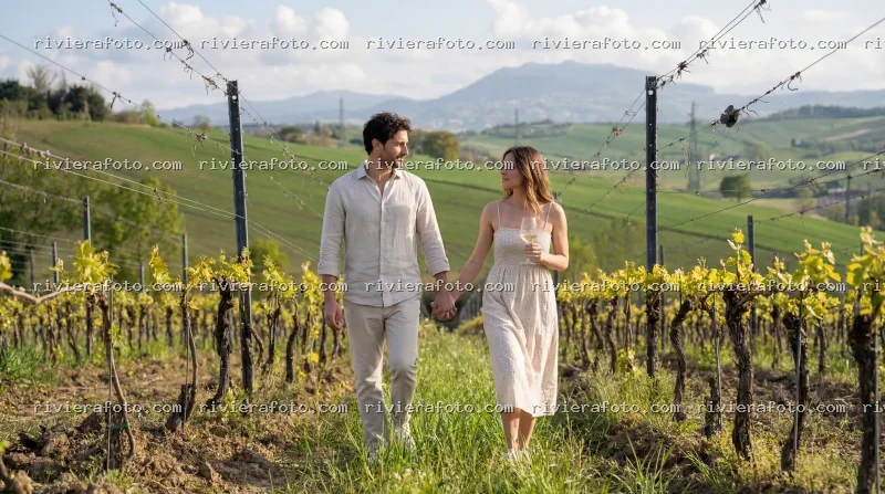 Coppia in passeggiata tra i vigneti della Romagna