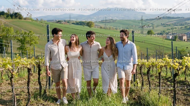 Gruppo di amici nei vigneti dell’entroterra Romagnolo, vicino a Rimini