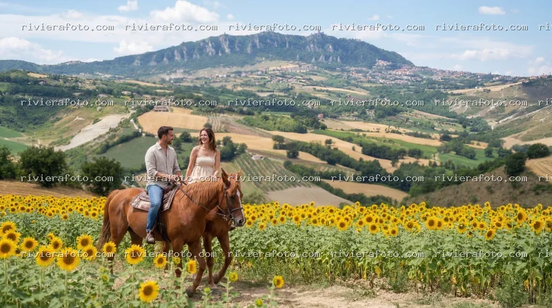 Passeggiata a cavallo nella campagna romagnola con vista su San Marino
